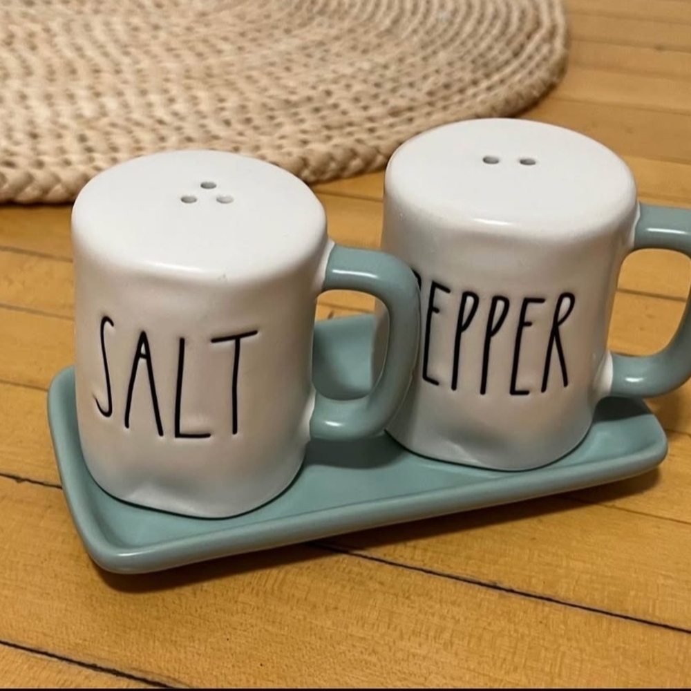Rae Dunn "Artisan Collection" White Salt and Pepper Shakers with Green Tray Set - Picture 3 of 9
